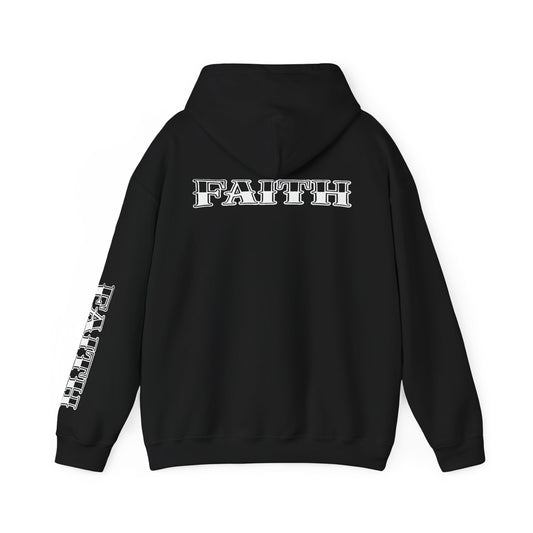 Faith - Graphic Hoodie — Black Religious Faith Pullover with Sleeve and Back Print