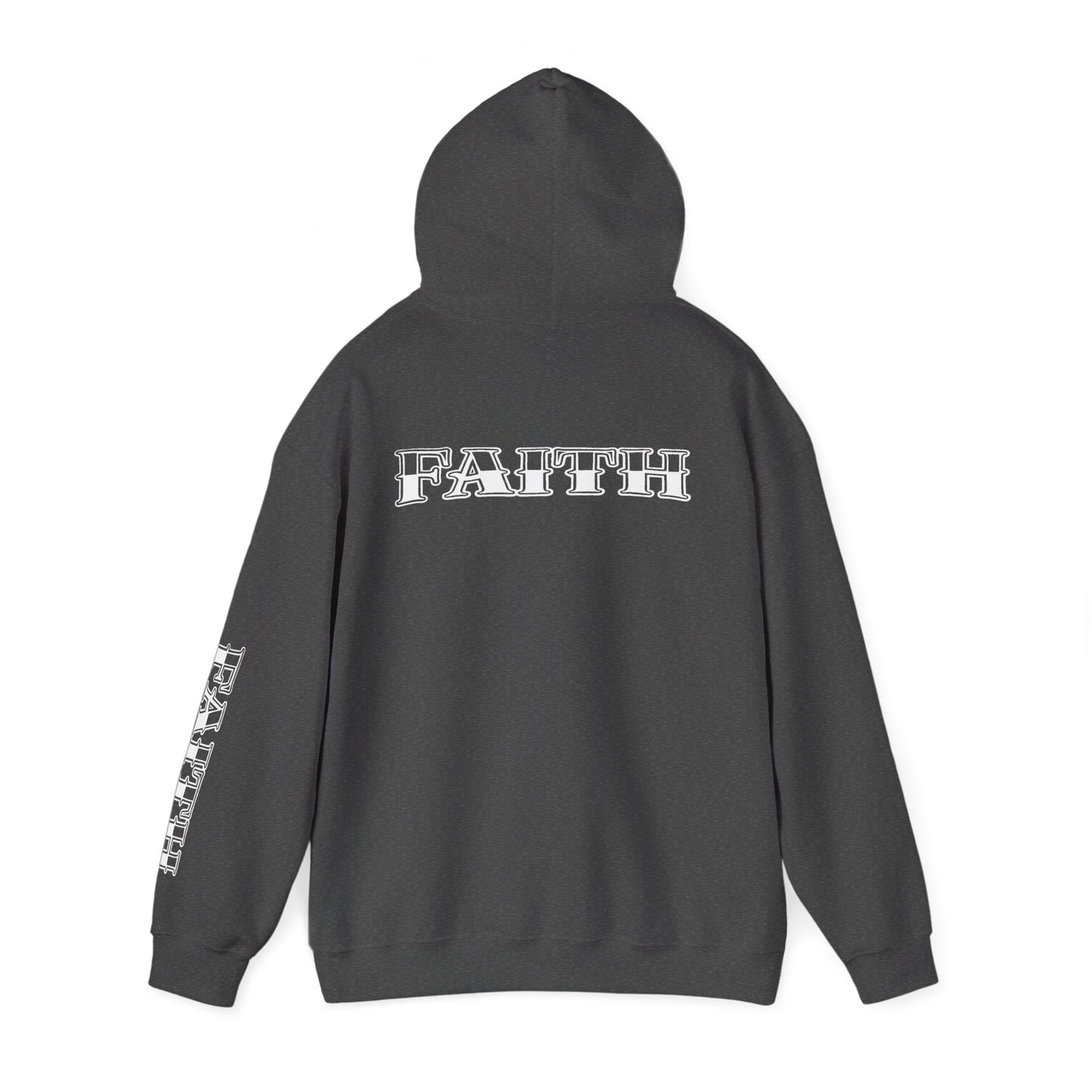 Faith - Graphic Hoodie — Black Religious Faith Pullover with Sleeve and Back Print