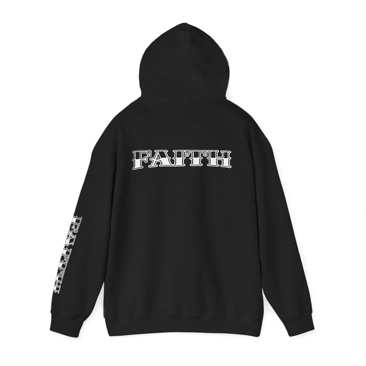 Faith - Graphic Hoodie — Black Religious Faith Pullover with Sleeve and Back Print