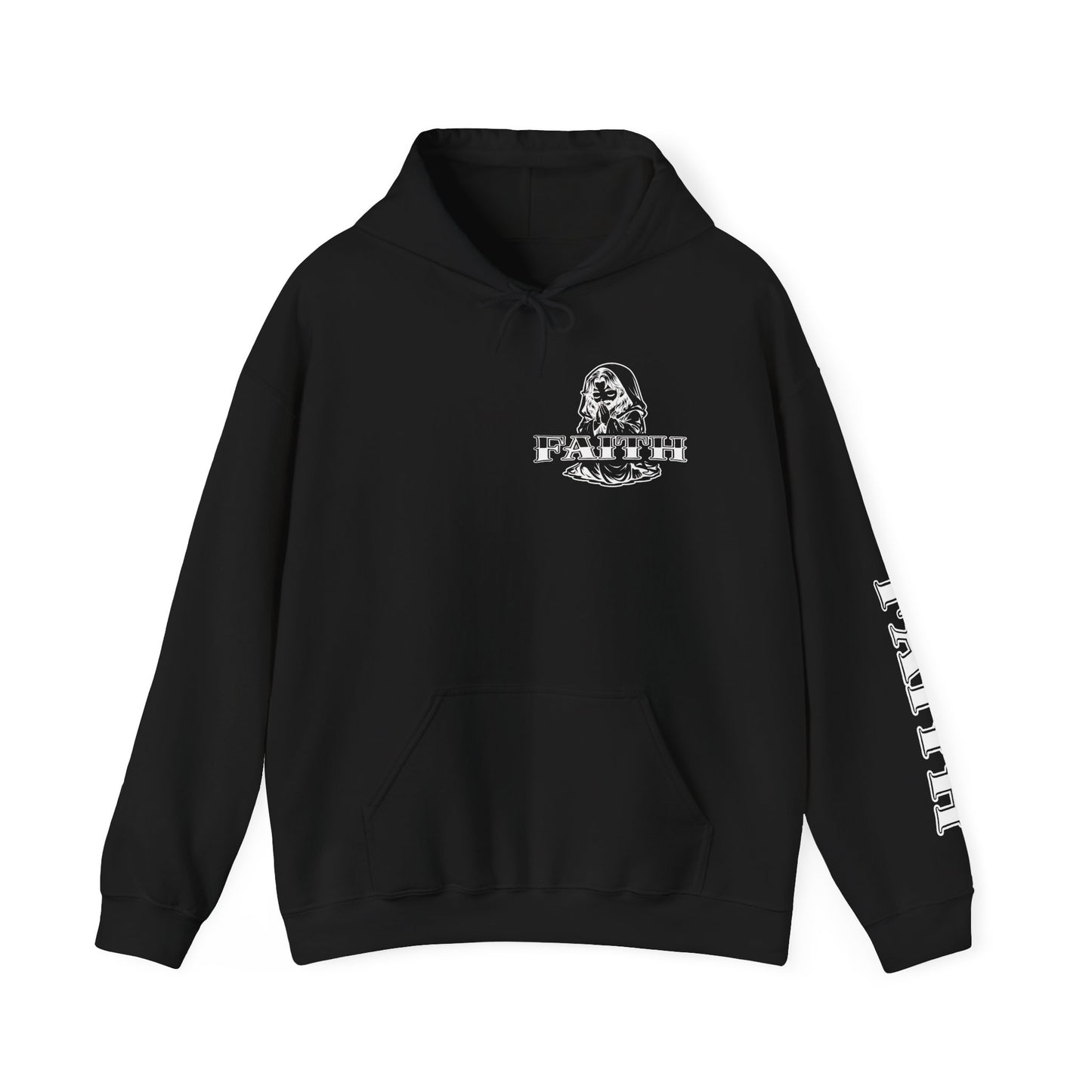 Faith - Graphic Hoodie — Black Religious Faith Pullover with Sleeve and Back Print