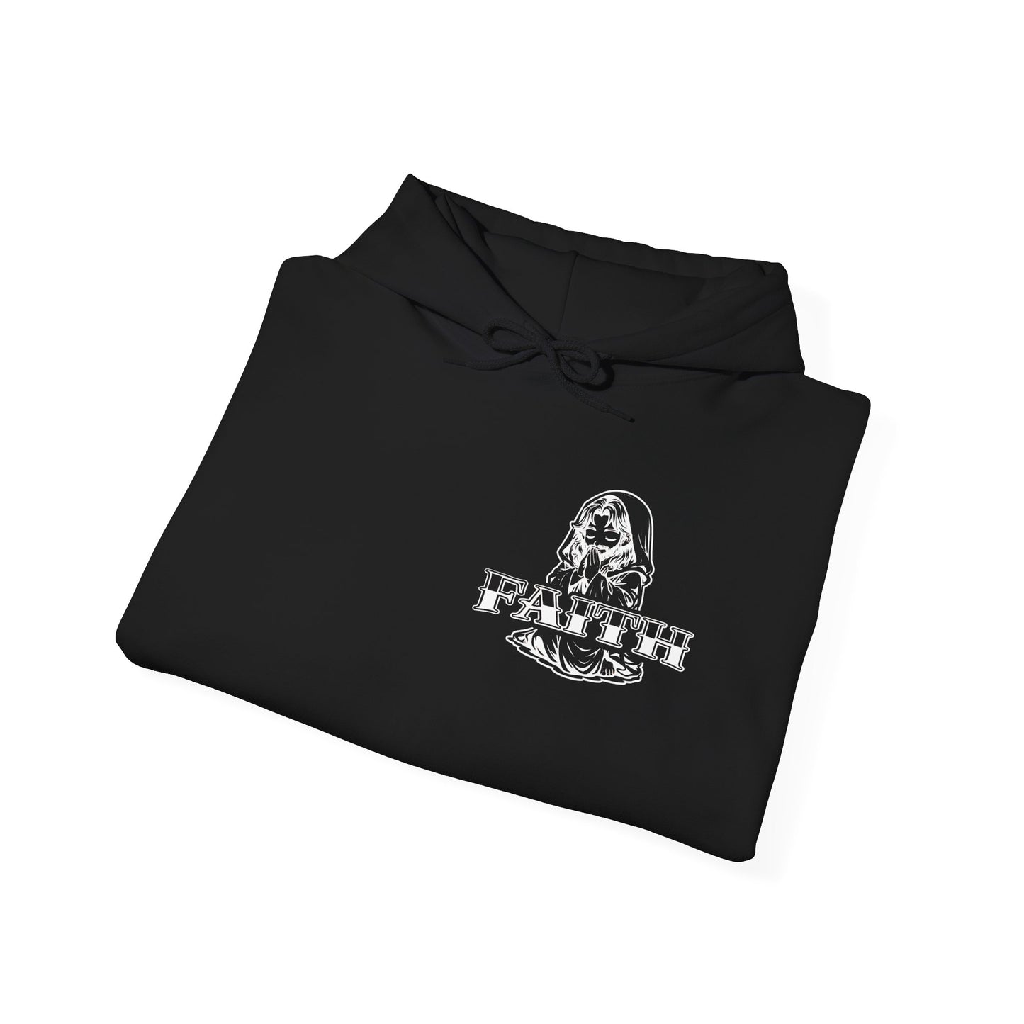 Faith - Graphic Hoodie — Black Religious Faith Pullover with Sleeve and Back Print