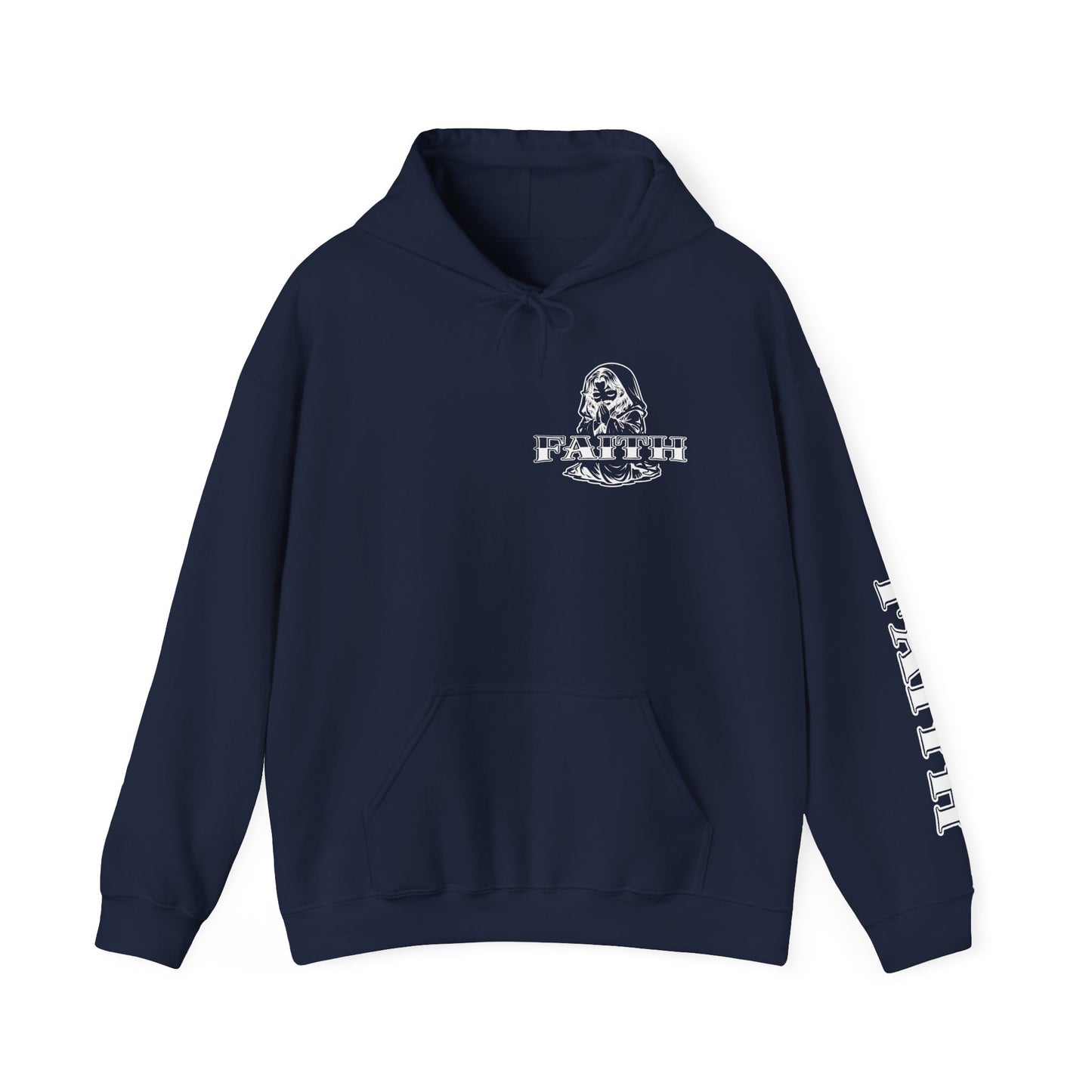 Faith - Graphic Hoodie — Black Religious Faith Pullover with Sleeve and Back Print