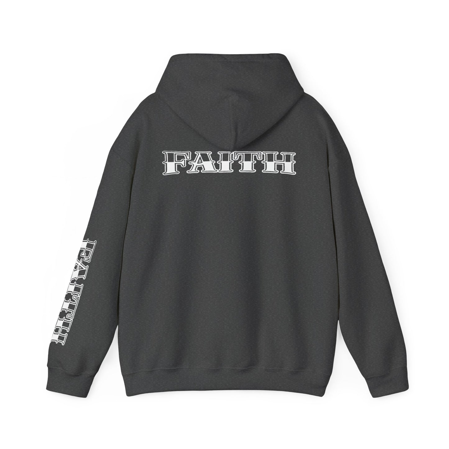 Faith - Graphic Hoodie — Black Religious Faith Pullover with Sleeve and Back Print