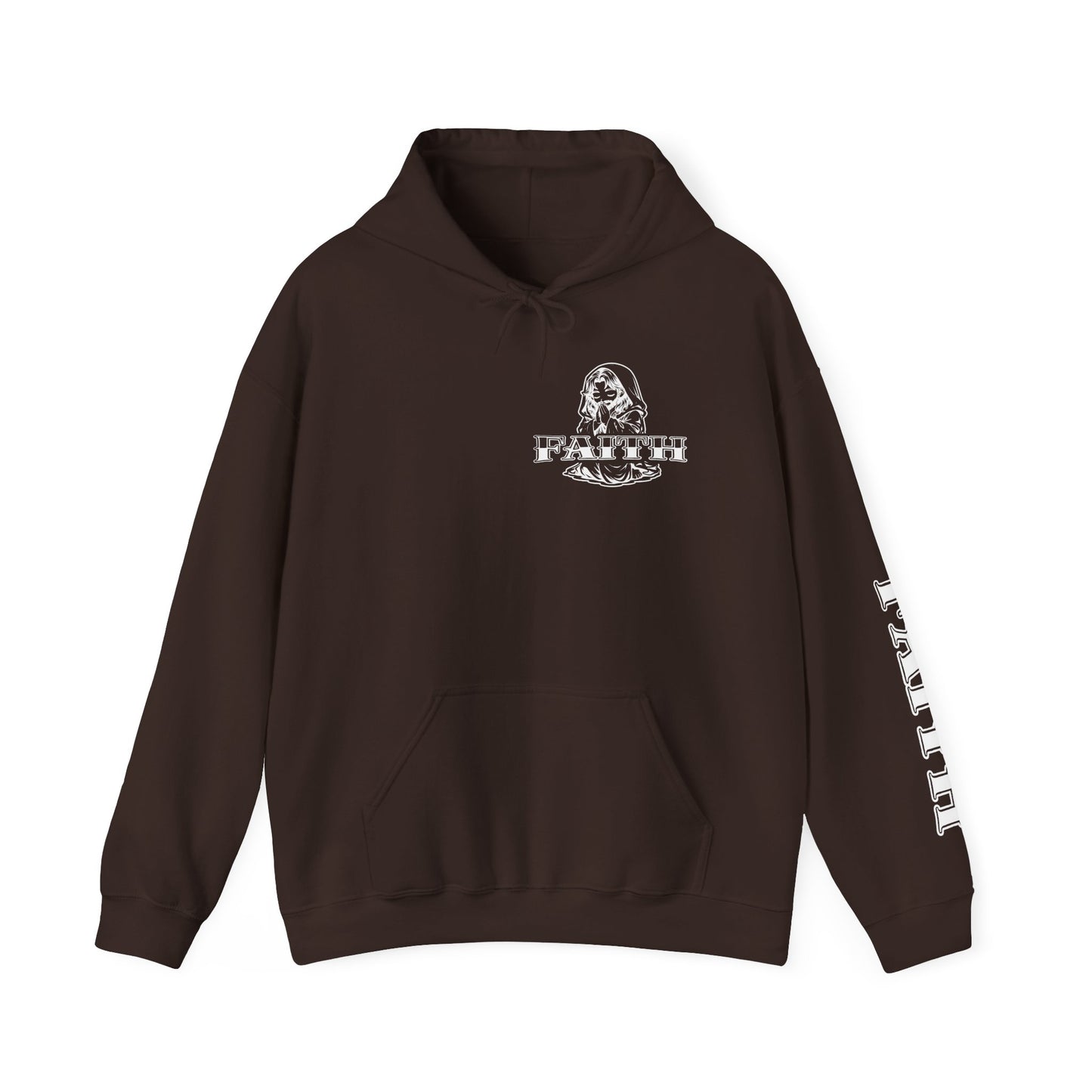 Faith - Graphic Hoodie — Black Religious Faith Pullover with Sleeve and Back Print