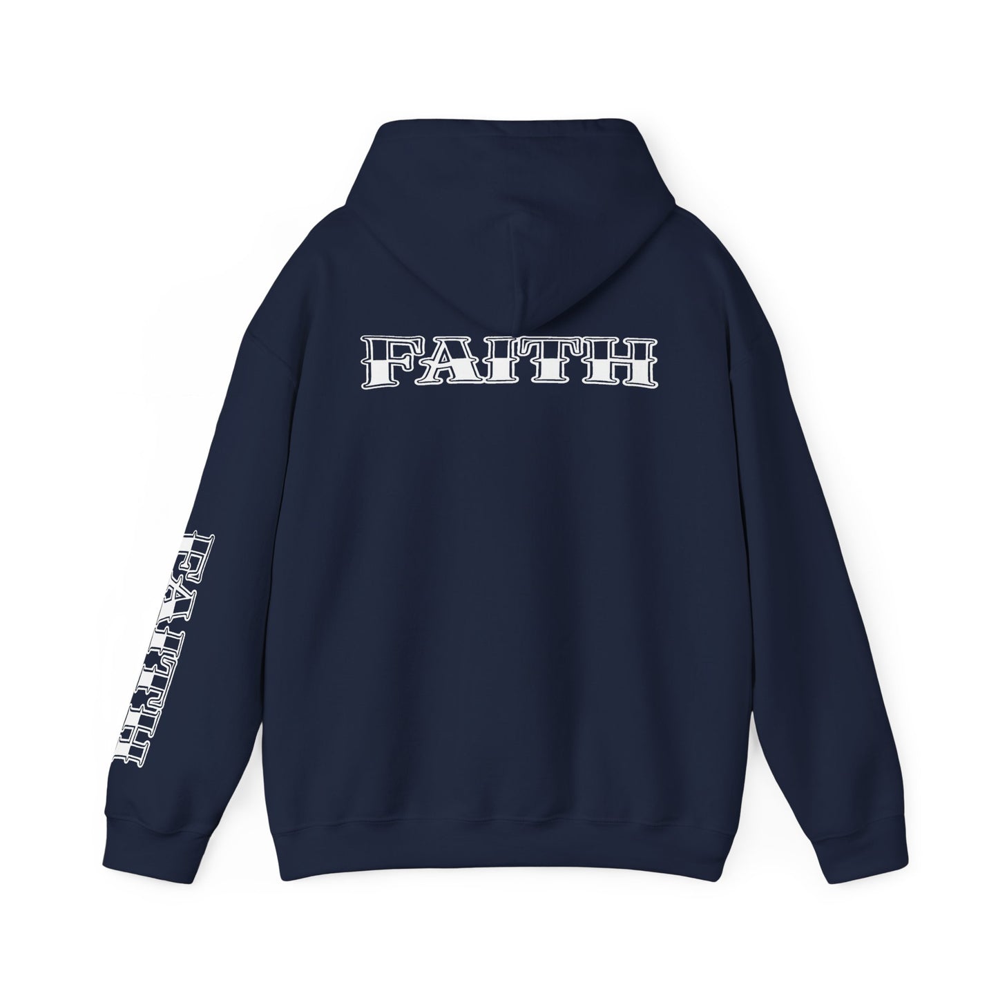 Faith - Graphic Hoodie — Black Religious Faith Pullover with Sleeve and Back Print
