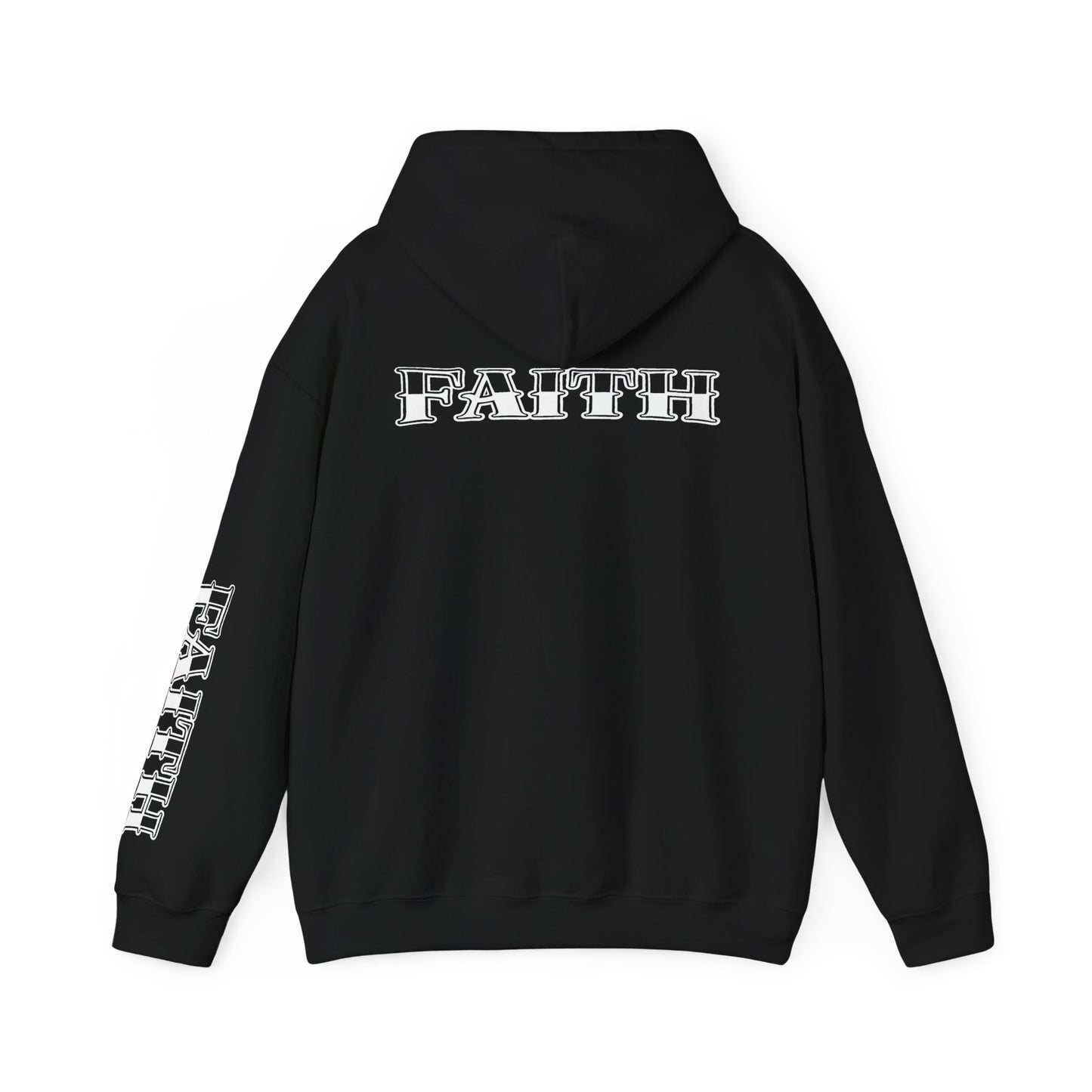 Faith - Graphic Hoodie — Black Religious Faith Pullover with Sleeve and Back Print
